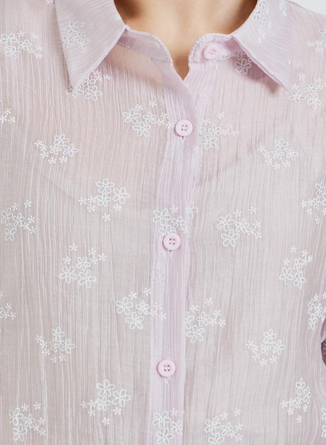 Styli Lilac Textured Floral Print Long Sleeve Shirt - Image 4