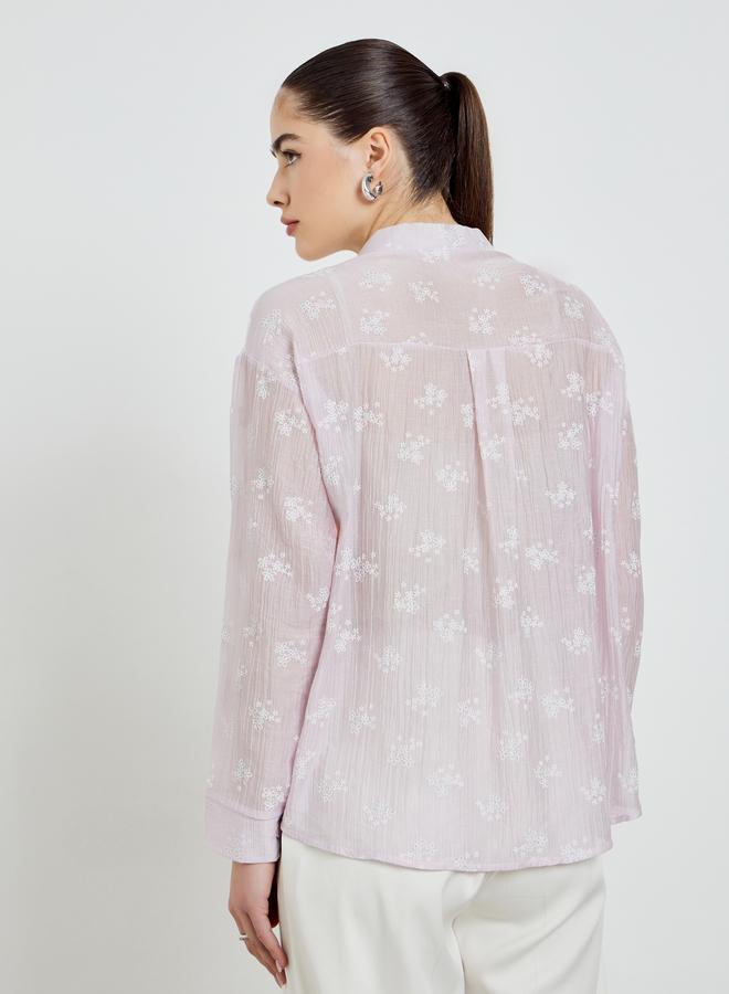 Styli Lilac Textured Floral Print Long Sleeve Shirt - Image 5