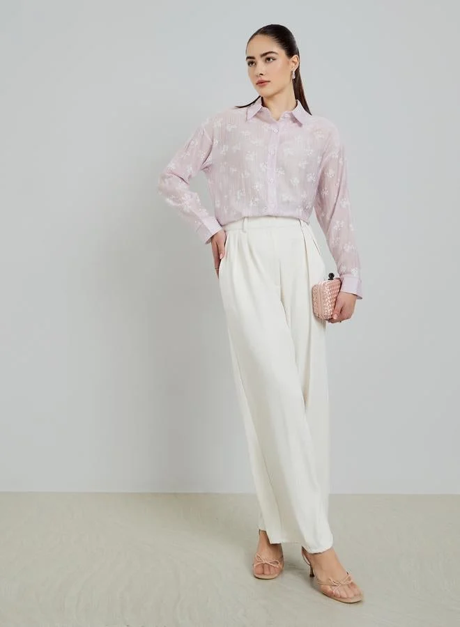Styli Lilac Textured Floral Print Long Sleeve Shirt