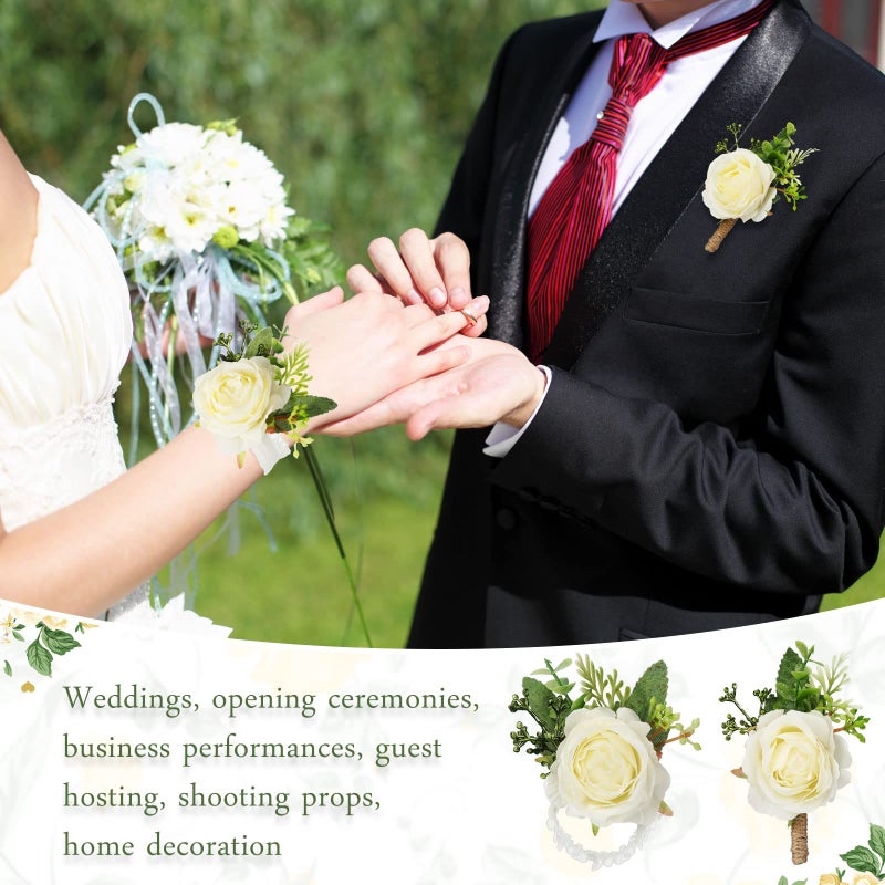 Jexine 12 Pcs Rose Wrist Corsage Bracelets Wedding Bridal Wrist Artificial Flower Wristband Flower Hand Decor for Bride Bridesmaid Homecoming Prom Party Decor(White Elegant) - Image 4