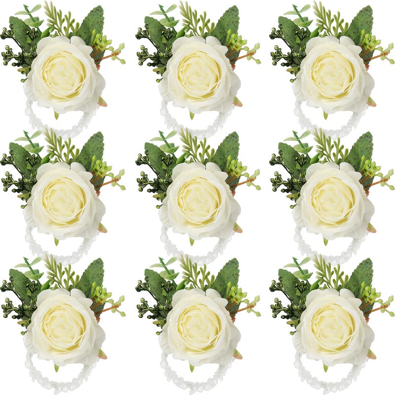 Jexine 12 Pcs Rose Wrist Corsage Bracelets Wedding Bridal Wrist Artificial Flower Wristband Flower Hand Decor for Bride Bridesmaid Homecoming Prom Party Decor(White Elegant) - Image 1