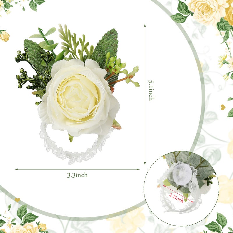 Jexine 12 Pcs Rose Wrist Corsage Bracelets Wedding Bridal Wrist Artificial Flower Wristband Flower Hand Decor for Bride Bridesmaid Homecoming Prom Party Decor(White Elegant) - Image 3
