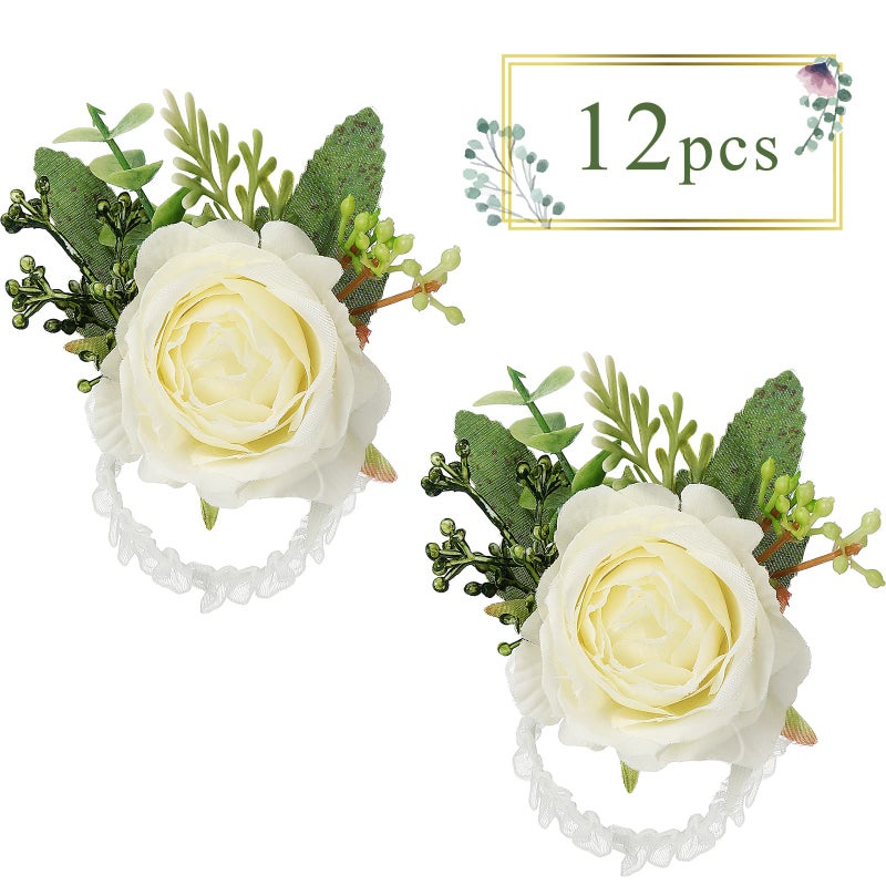 Jexine 12 Pcs Rose Wrist Corsage Bracelets Wedding Bridal Wrist Artificial Flower Wristband Flower Hand Decor for Bride Bridesmaid Homecoming Prom Party Decor(White Elegant) - Image 2