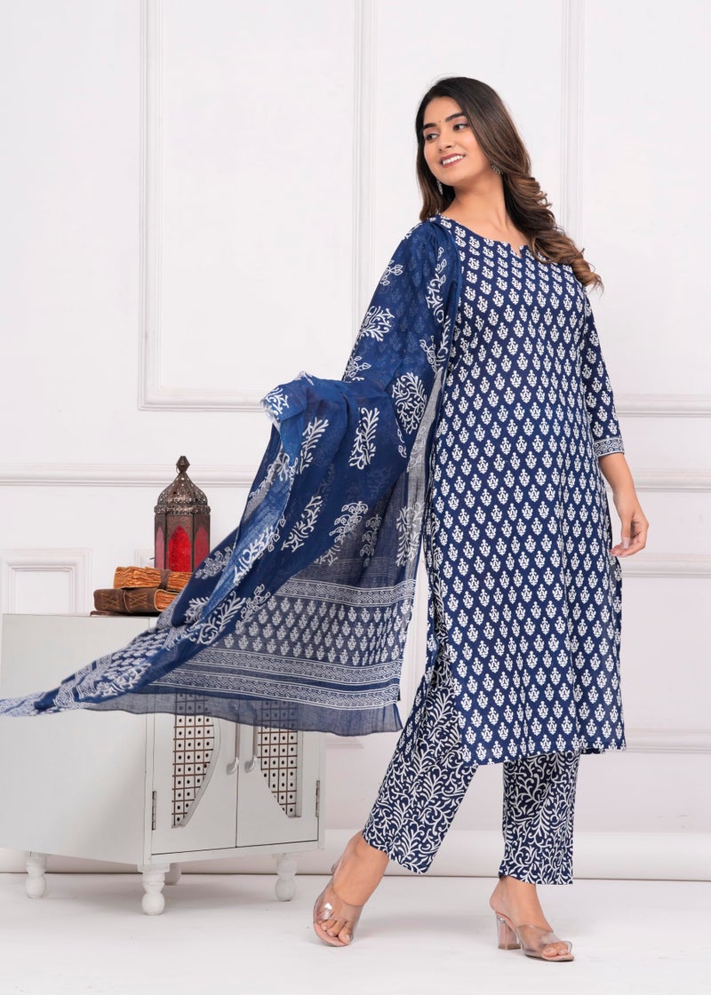 MEERA FAB Women Cotton Printed Straight Kurta With Palazzo & Dupatta Set, Blue, 4XL - Image 3
