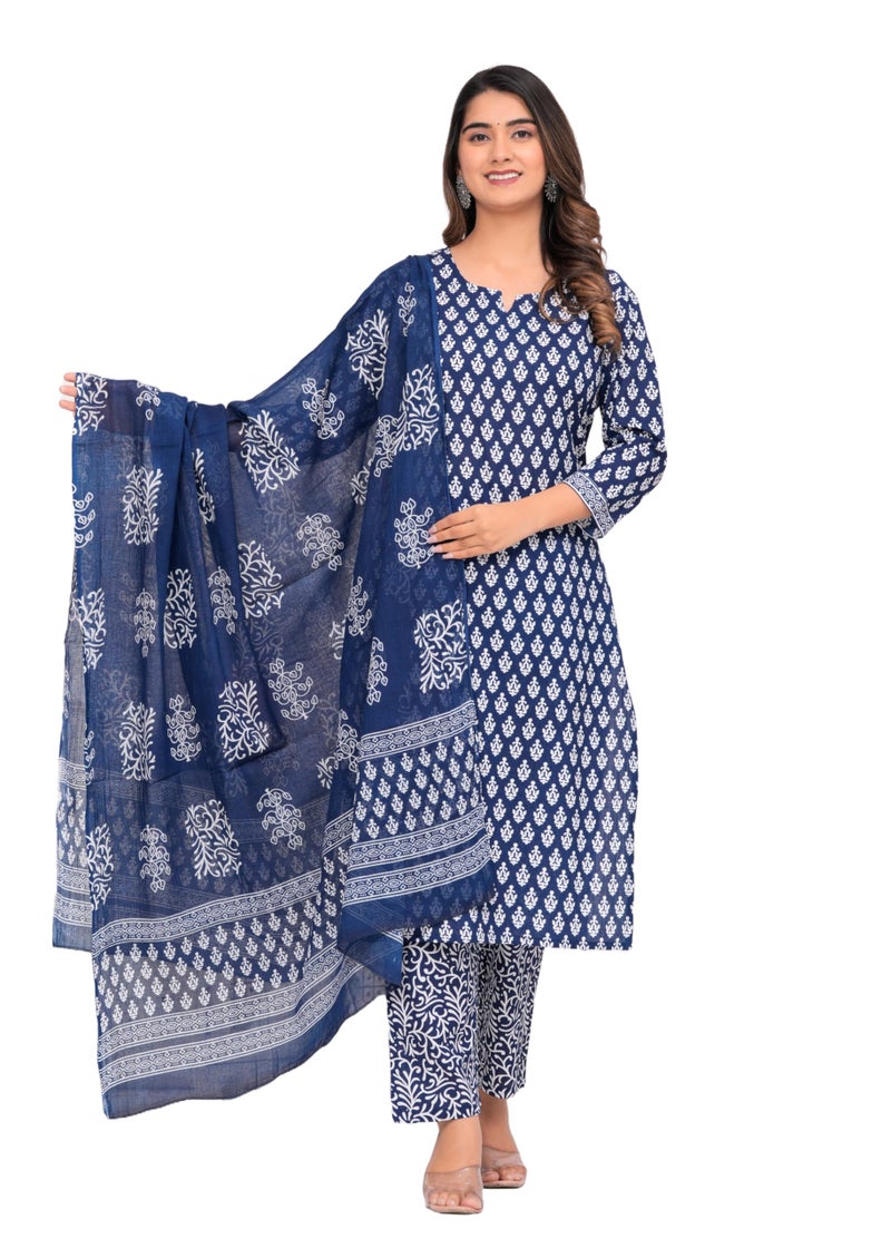 MEERA FAB Women Cotton Printed Straight Kurta With Palazzo & Dupatta Set, Blue, 4XL - Image 1