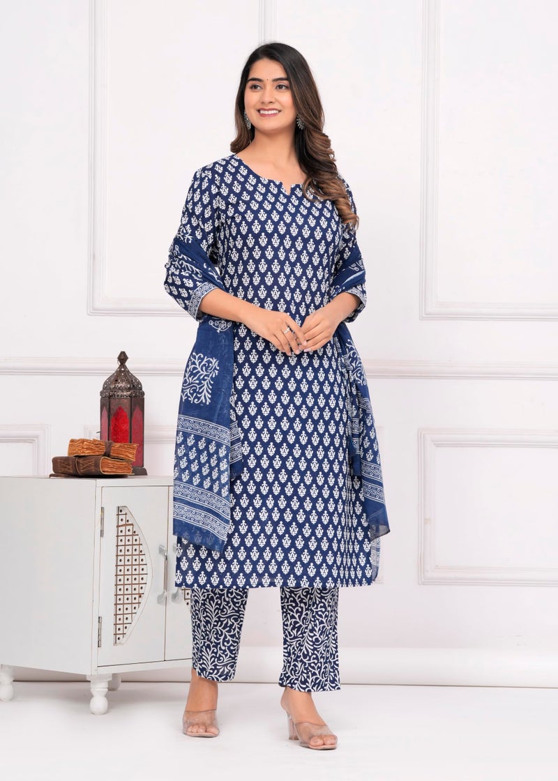 MEERA FAB Women Cotton Printed Straight Kurta With Palazzo & Dupatta Set, Blue, 4XL - Image 5