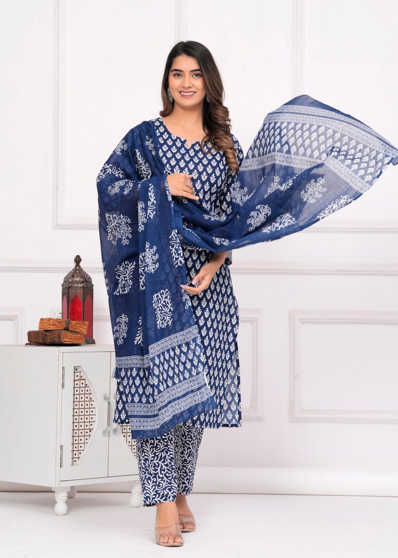 MEERA FAB Women Cotton Printed Straight Kurta With Palazzo & Dupatta Set, Blue, 4XL - Image 4