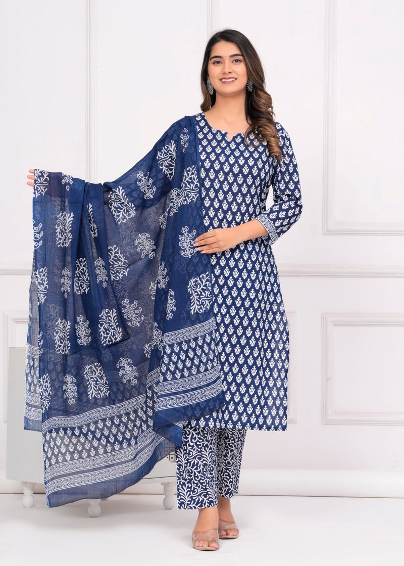 MEERA FAB Women Cotton Printed Straight Kurta With Palazzo & Dupatta Set, Blue, 4XL - Image 2