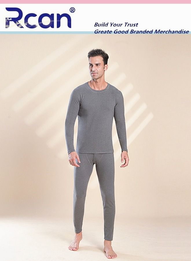 Rcan 2 Piece Men's Round Neck Thermal Underwear Set Winter Pajamas Lightweight Slim Fitting Long Sleeved T-Shirt and Long Pants Basic Layer Bottoming Shirt Plus Size  - Image 1