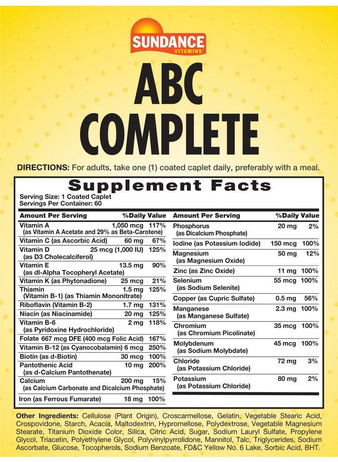 Sundance ABC Complete Multivitamin for Women & Men | with Iron | 60 Caplets | with Mineral Formula | Non-GMO and Gluten Free Supplement - Image 2