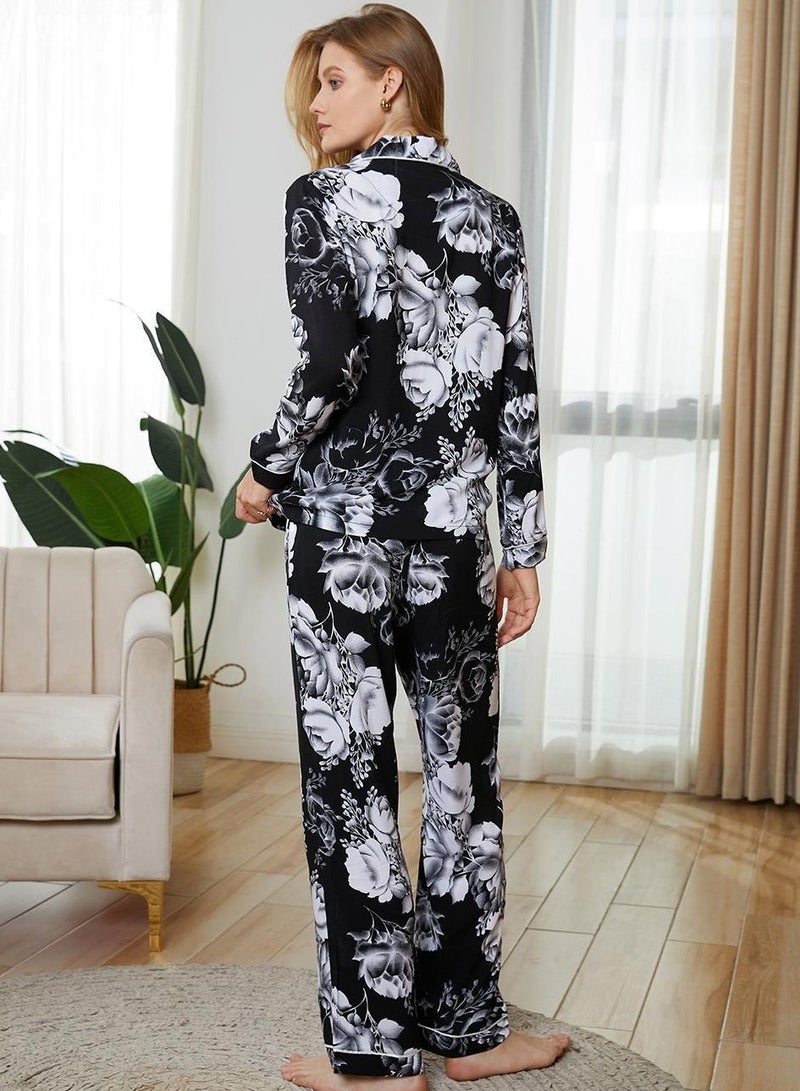 Loquat Women's Floral Printed 2-Piece Set Pajamas Long Sleeve Lapel Top And Pants Soft Loungewear Nightgown Suit Leisure Wear Black/White - Image 3