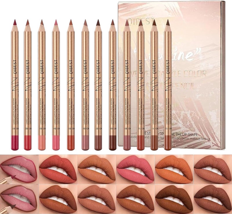12 Colors Slim Lip Liner Pencil Set Longwear Smooth Lip Pencil Creamy Lip Liner Matte Lipstick Premium Waterproof Lip Pen High Pigmented Natural Lip Makeup nude M