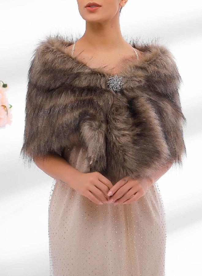 EASEDAILY Women's Fur Shawls and Wraps Wedding Fur Scarf Faux Bridal Fur Stole with Brooch for Brides and Bridesmaids (A white) (C-brown, US 4-14 (S-M)) - Image 2