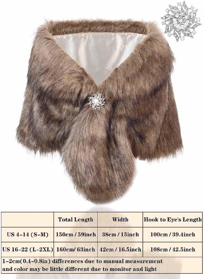 EASEDAILY Women's Fur Shawls and Wraps Wedding Fur Scarf Faux Bridal Fur Stole with Brooch for Brides and Bridesmaids (A white) (C-brown, US 4-14 (S-M)) - Image 1