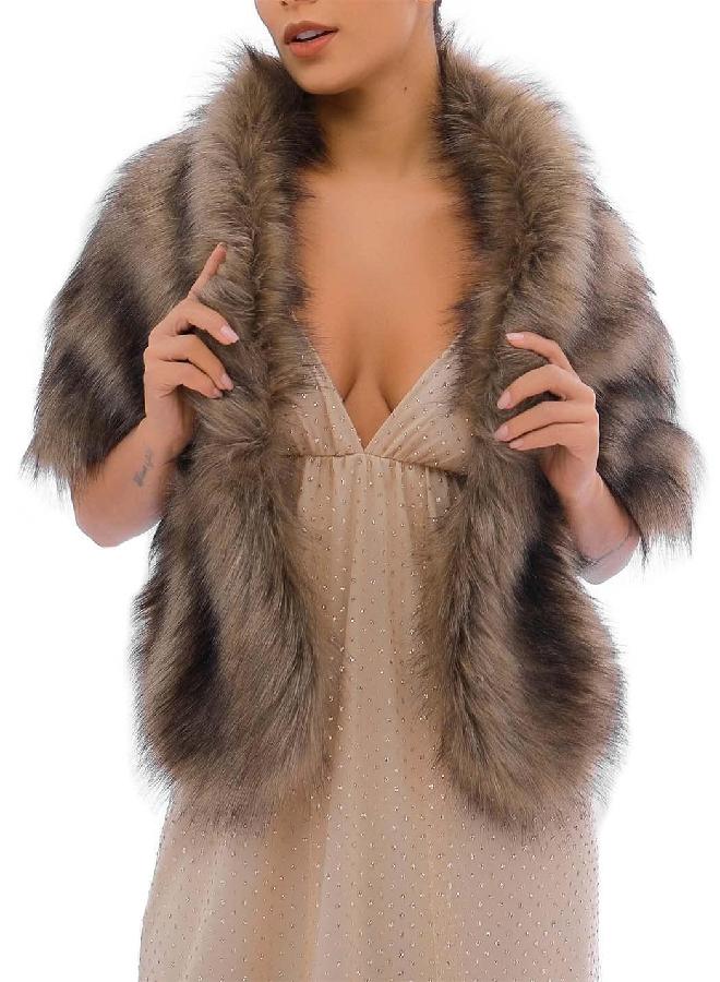 EASEDAILY Women's Fur Shawls and Wraps Wedding Fur Scarf Faux Bridal Fur Stole with Brooch for Brides and Bridesmaids (A white) (C-brown, US 4-14 (S-M)) - Image 4