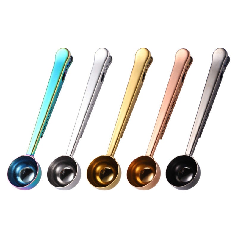 Set of 5 Coffee Scoop Clip2in1 Stainless Steel Coffee Measuring Spoon with Sealing Clips Kitchen Craft Long Handle Spoon Bag Clip for Coffee Milk Powder Oatmeal TeaSpices Multicolor