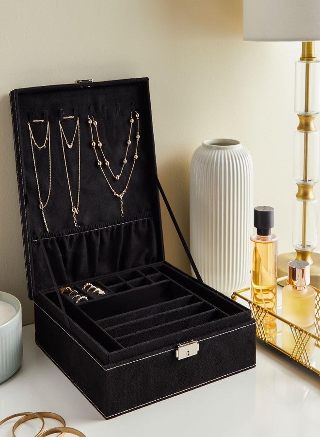 Juvale Jewelry Box for Men - 10.5 x 10.5 x 3.5 in, Black Velvet - Locking 2-Layer Travel Jewelry Organizer & Earring Holder, Necklace Organizer & Decorative Tray - Image 5