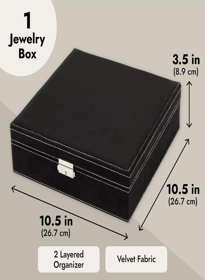 Juvale Jewelry Box for Men - 10.5 x 10.5 x 3.5 in, Black Velvet - Locking 2-Layer Travel Jewelry Organizer & Earring Holder, Necklace Organizer & Decorative Tray - Image 4
