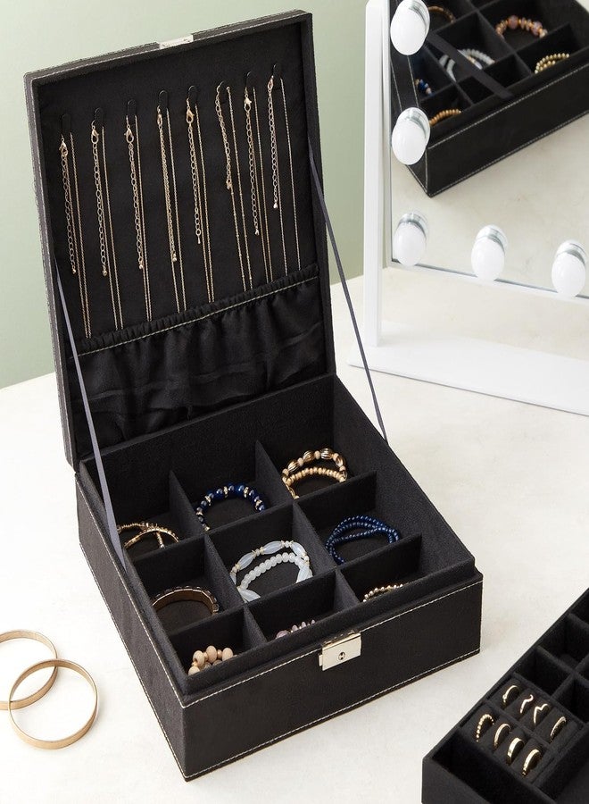 Juvale Jewelry Box for Men - 10.5 x 10.5 x 3.5 in, Black Velvet - Locking 2-Layer Travel Jewelry Organizer & Earring Holder, Necklace Organizer & Decorative Tray - Image 3