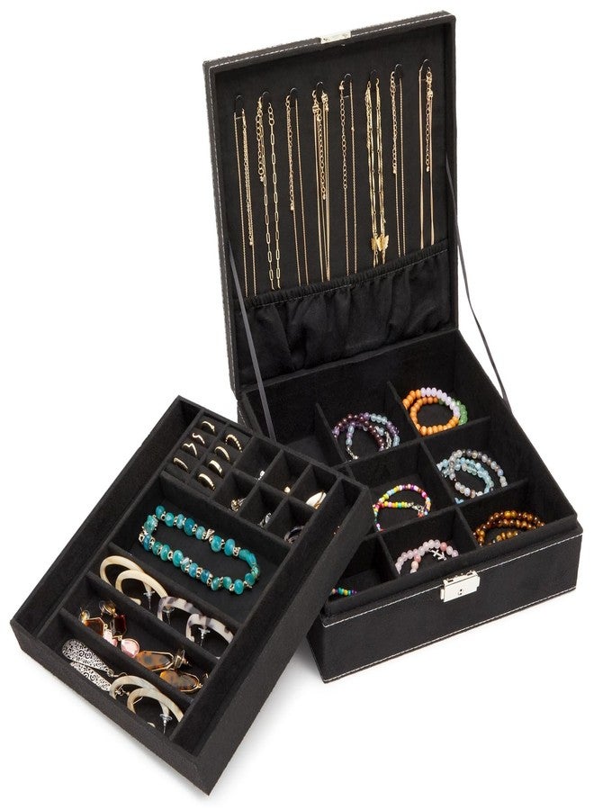 Juvale Jewelry Box for Men - 10.5 x 10.5 x 3.5 in, Black Velvet - Locking 2-Layer Travel Jewelry Organizer & Earring Holder, Necklace Organizer & Decorative Tray - Image 1