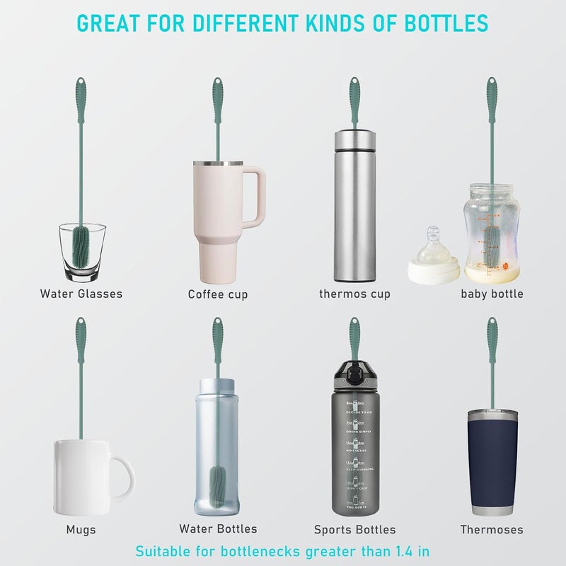 ddLUCK 15.7" Silicone Bottle Brush, Water Bottle Cleaner Brush for Stanley, Hydroflasks, Glass, Thermos Sports Bottle, Vase and Glassware, Bottle Brush Cleaner for Small Narrow Neck Containers (Green) - Image 2