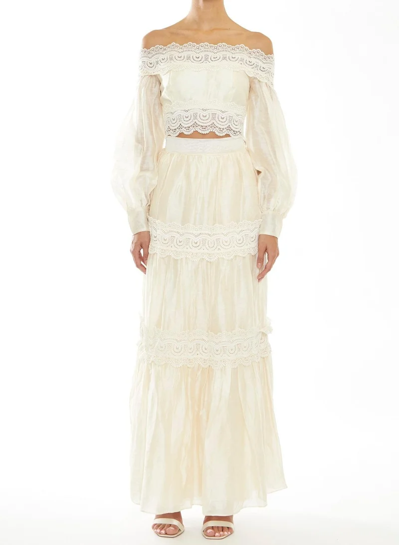 Faith Co-Ord Pale Stone Gathered Tiered Maxi-Skirt