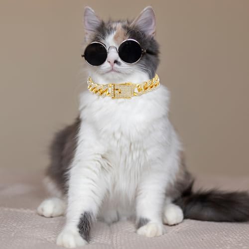 Amabro Cat Chain Collar, Diamond Cuban Link Kitten Walking Collar with Secure Buckle 12mm Wide Pet Rhinestones Necklace Metal Chain Jewelry Accessories for Cats Dogs Kittens Puppies 8inch(Gold) - Image 3