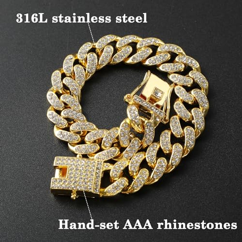 Amabro Cat Chain Collar, Diamond Cuban Link Kitten Walking Collar with Secure Buckle 12mm Wide Pet Rhinestones Necklace Metal Chain Jewelry Accessories for Cats Dogs Kittens Puppies 8inch(Gold) - Image 4