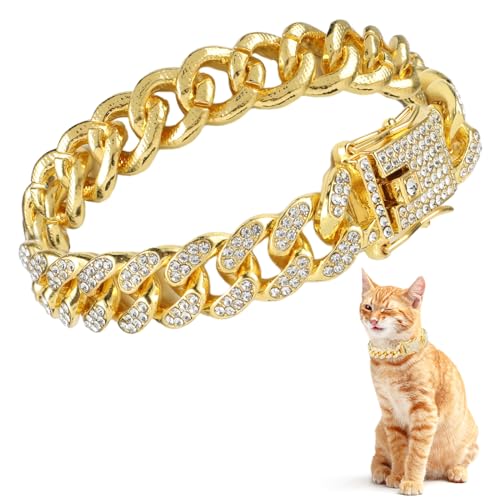 Amabro Cat Chain Collar, Diamond Cuban Link Kitten Walking Collar with Secure Buckle 12mm Wide Pet Rhinestones Necklace Metal Chain Jewelry Accessories for Cats Dogs Kittens Puppies 8inch(Gold) - Image 1