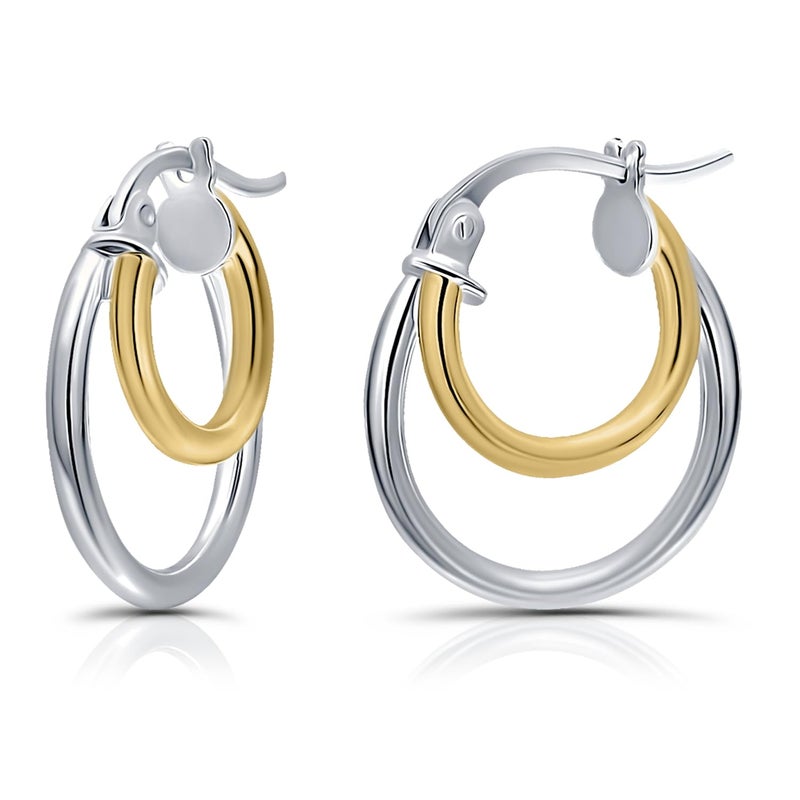 Hoops & Loops Yellow Gold Flash Sterling Silver Two-Tone Double Circle Round-Tube Polished Hoop Earrings, 15mm - Image 1
