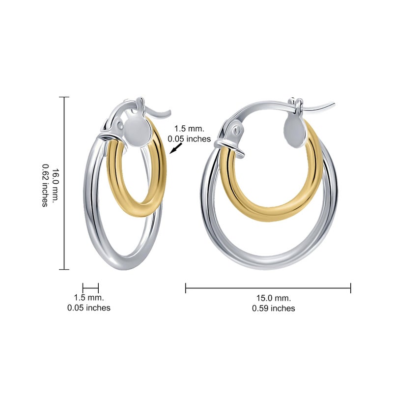 Hoops & Loops Yellow Gold Flash Sterling Silver Two-Tone Double Circle Round-Tube Polished Hoop Earrings, 15mm - Image 5