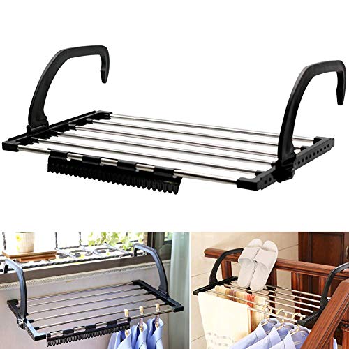 PERDANT Stainless Steel Foldable Cloth Drying Rack - Towels, Clothes, Laundry, Shoes & Socks - 6 Rail Bar Holder with Clips, Adjustable Airer Stand for Blacony/Window, 12 x 5 x 10 Cm, Black - Image 1
