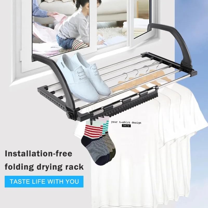 PERDANT Stainless Steel Foldable Cloth Drying Rack - Towels, Clothes, Laundry, Shoes & Socks - 6 Rail Bar Holder with Clips, Adjustable Airer Stand for Blacony/Window, 12 x 5 x 10 Cm, Black - Image 5