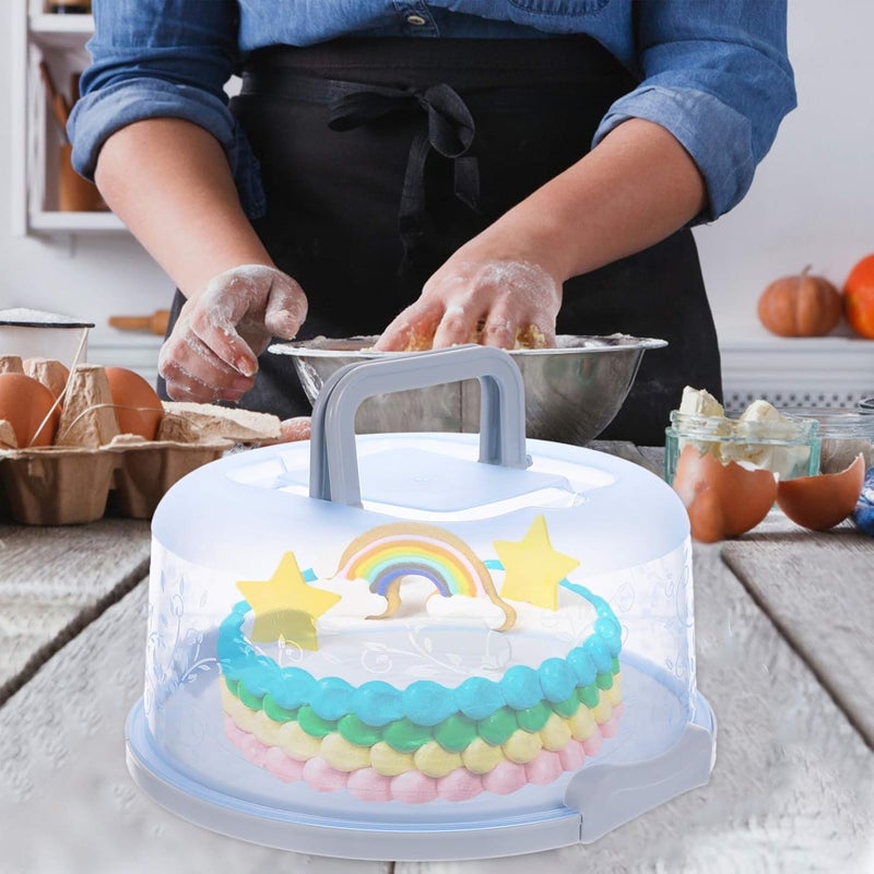 comfrt Blue Round Cake Box Carrier Plastic Muffin Pie Carrying Box Bakery Dessert Container Holder with Handle Snap Cake Box Keeper 25X25X13CM - Image 4