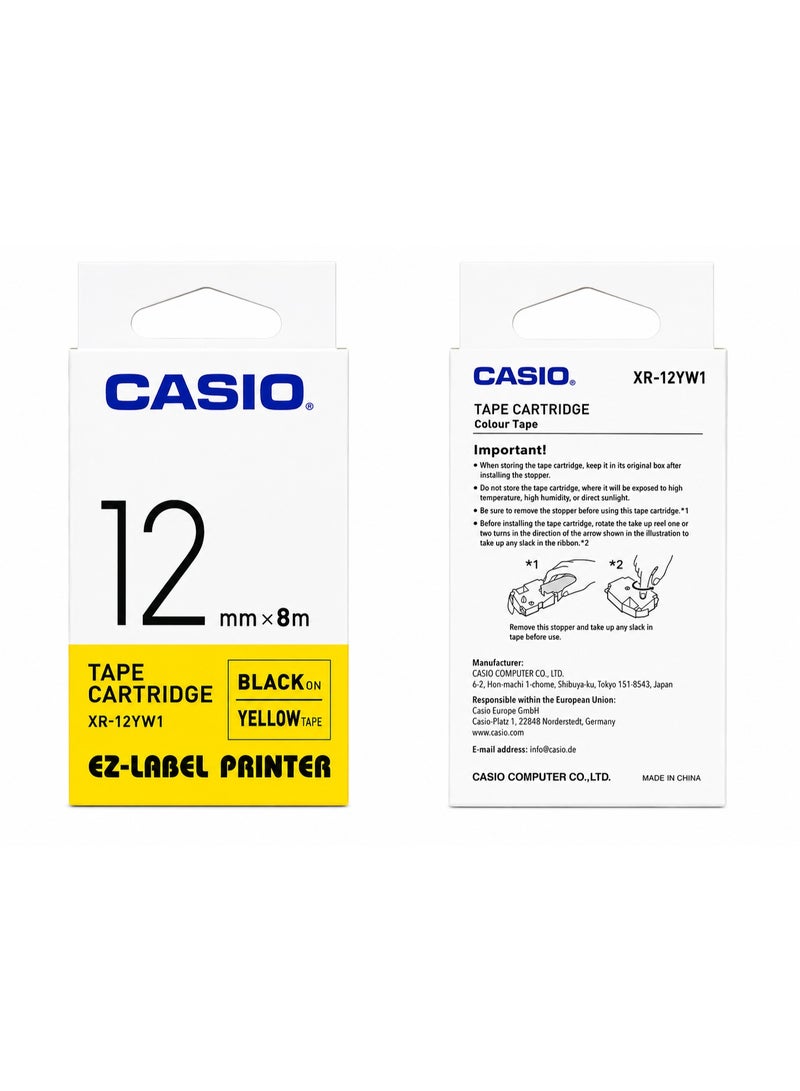 CASIO XR-12YW1 Tape Cartridge for EZ-Label Printer, 12mm, Black on Yellow - Image 1