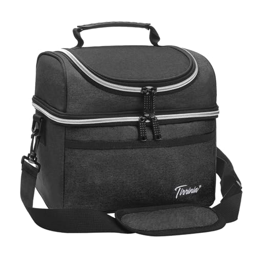 Tirrinia Reusable Lunch Box for Men Women, Insulated Lunch Bag Adult Work, Double Decker Leakproof Lunchbox for Office Picnic Beach—Dual Compartment Lunch Cooler Bag,Black - Image 1