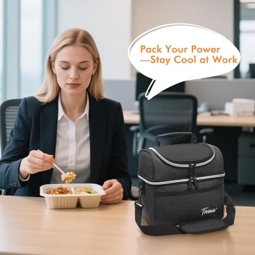 Tirrinia Reusable Lunch Box for Men Women, Insulated Lunch Bag Adult Work, Double Decker Leakproof Lunchbox for Office Picnic Beach—Dual Compartment Lunch Cooler Bag,Black - Image 2