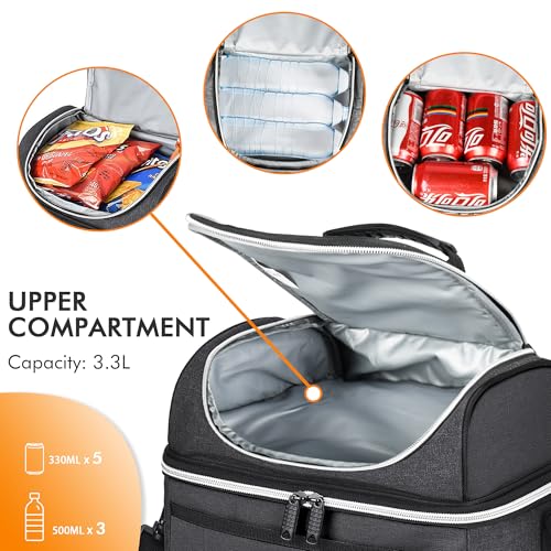 Tirrinia Reusable Lunch Box for Men Women, Insulated Lunch Bag Adult Work, Double Decker Leakproof Lunchbox for Office Picnic Beach—Dual Compartment Lunch Cooler Bag,Black - Image 4