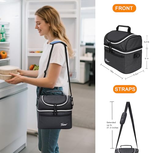 Tirrinia Reusable Lunch Box for Men Women, Insulated Lunch Bag Adult Work, Double Decker Leakproof Lunchbox for Office Picnic Beach—Dual Compartment Lunch Cooler Bag,Black - Image 3