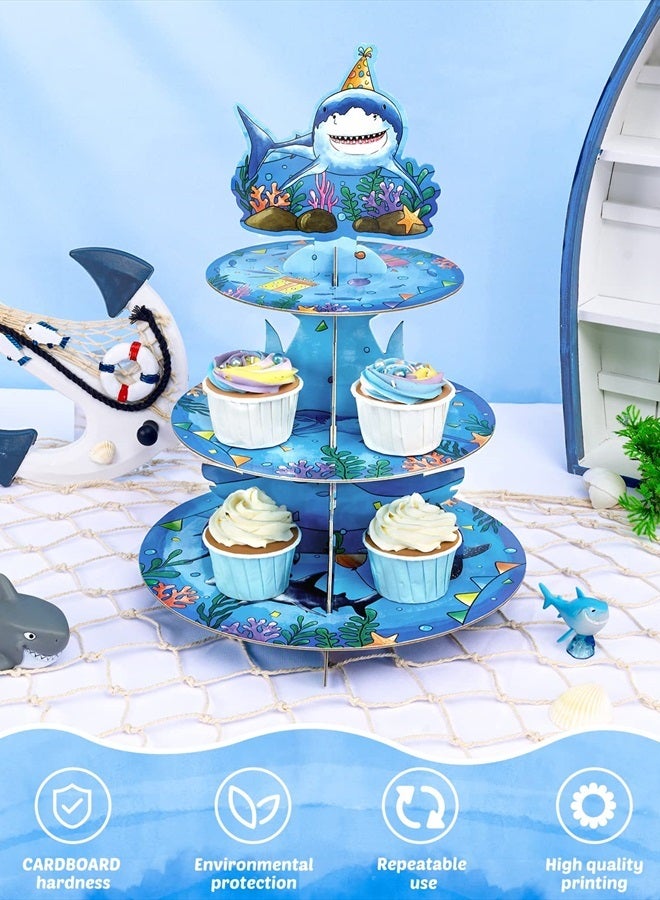 Wernnsai حامل كعك القرش - 3 طبقات زينة حفلة عيد ميلاد بيبي شارك للأولاد والأطفال حامل كعك كرتوني زينة حفلة المحيط - Image 3