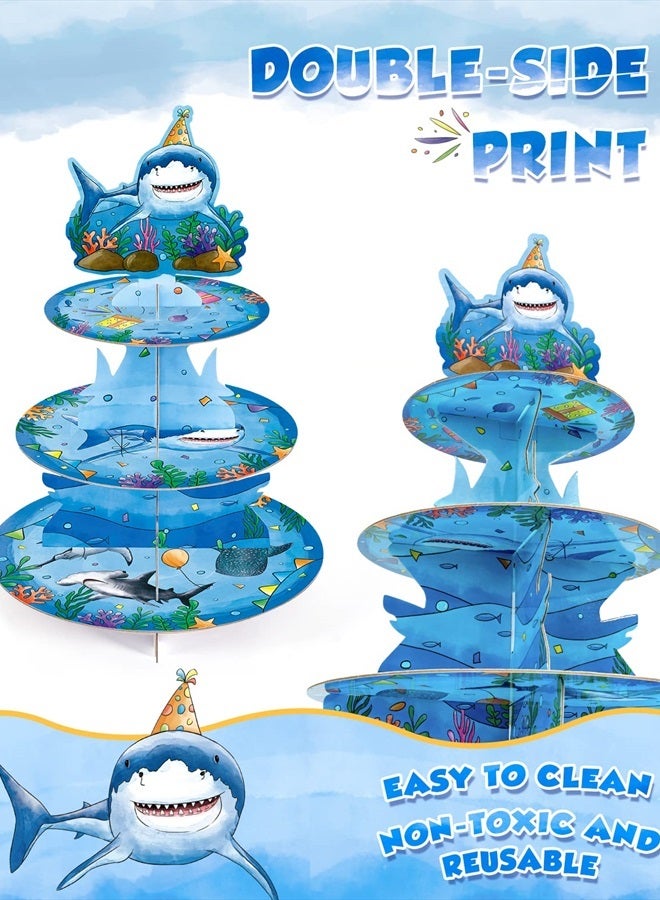 Wernnsai حامل كعك القرش - 3 طبقات زينة حفلة عيد ميلاد بيبي شارك للأولاد والأطفال حامل كعك كرتوني زينة حفلة المحيط - Image 2