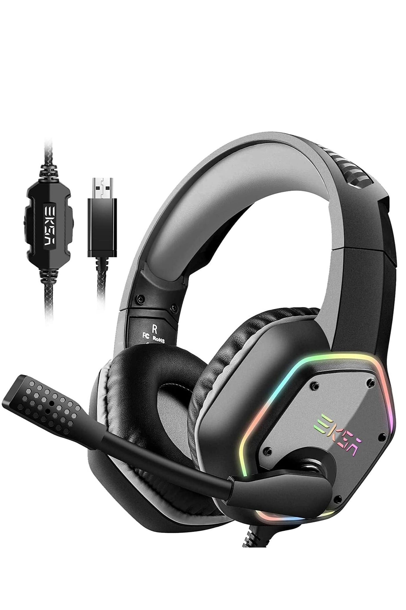 EKSA USB Gaming Headset, Wired Headphones, 7.1 Surround Sound Footstep Sound Judgment, Noise Cancelling Microphone, RGB Light Casque Gaming, Over Ear Headphones for PC, PS4, PS5, Laptop, Gray