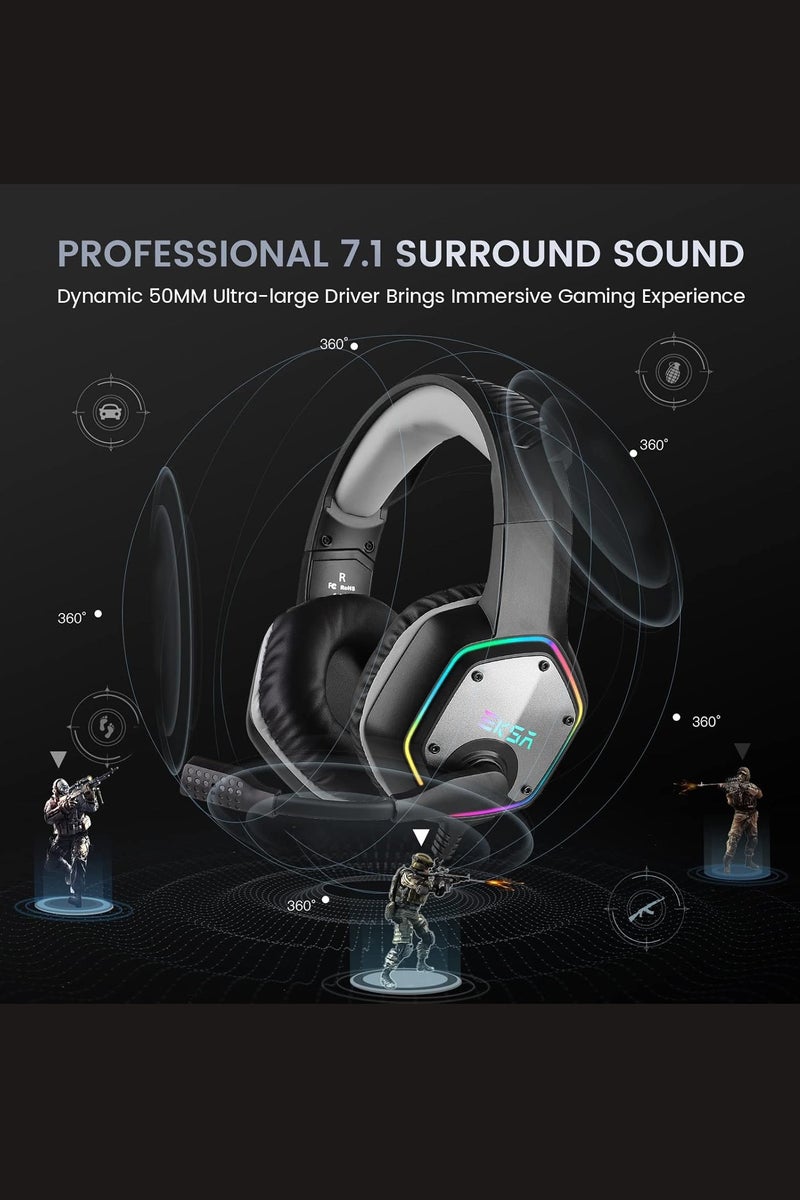 إكسا سماعة ألعاب إيكسا يو إس بي، سماعات سلكية، صوت محيطي 7.1 لتحديد خطوات الخصم، ميكروفون بإلغاء الضوضاء، إضاءة آر جي بي، سماعات أذن فوق الأذن لأجهزة الكمبيوتر، بلاي ستيشن 4، بلاي ستيشن 5، اللابتوب، باللون الرمادي - Image 2