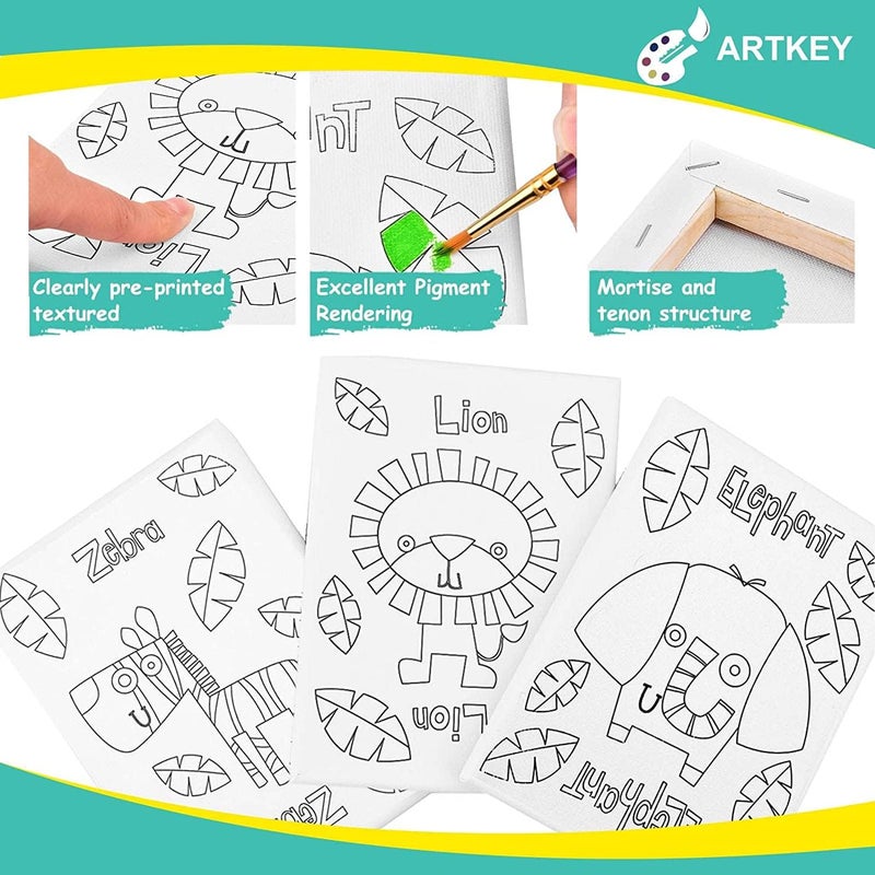 Artkey Pre Drawn Canvas for Painting, 5x7 Stretched Canvas Set, Pack of 3 with 24 Acrylic Paint Pots, 3 Brushes & Animal Designs (Lion, Zebra, Elephant) - Image 4