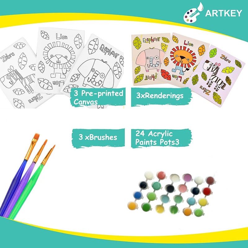 Artkey Pre Drawn Canvas for Painting, 5x7 Stretched Canvas Set, Pack of 3 with 24 Acrylic Paint Pots, 3 Brushes & Animal Designs (Lion, Zebra, Elephant) - Image 5