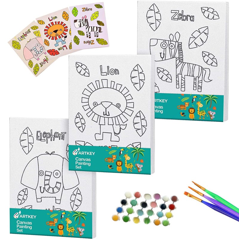 Artkey Pre Drawn Canvas for Painting, 5x7 Stretched Canvas Set, Pack of 3 with 24 Acrylic Paint Pots, 3 Brushes & Animal Designs (Lion, Zebra, Elephant) - Image 1