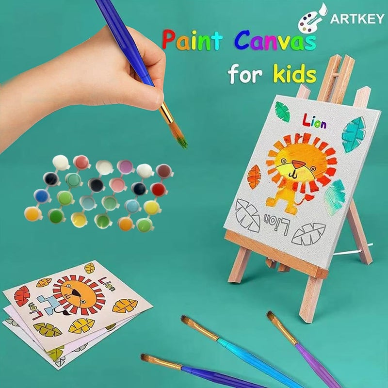 Artkey Pre Drawn Canvas for Painting, 5x7 Stretched Canvas Set, Pack of 3 with 24 Acrylic Paint Pots, 3 Brushes & Animal Designs (Lion, Zebra, Elephant) - Image 2