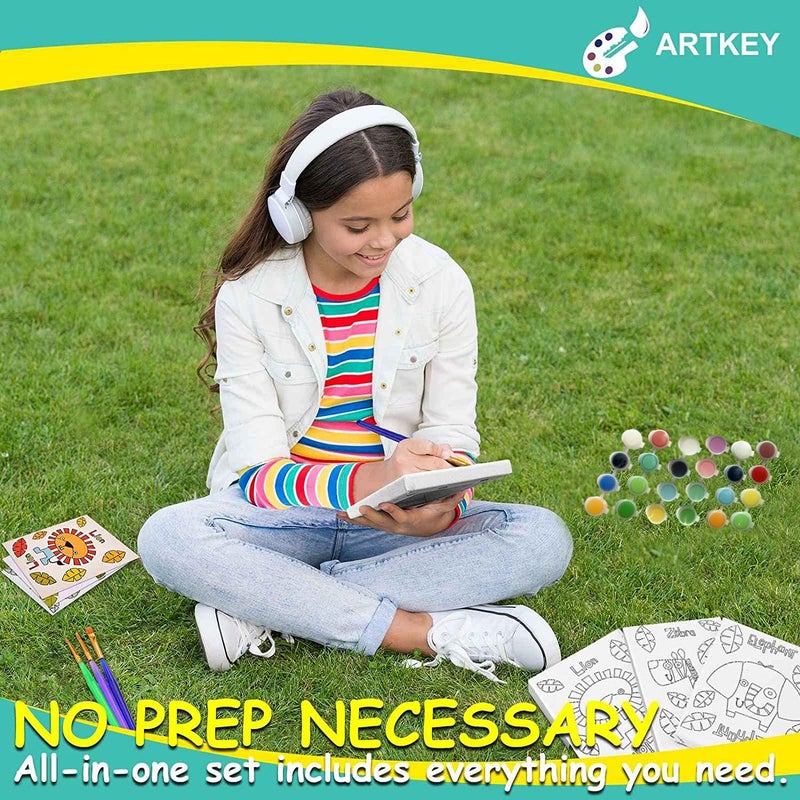 Artkey Pre Drawn Canvas for Painting, 5x7 Stretched Canvas Set, Pack of 3 with 24 Acrylic Paint Pots, 3 Brushes & Animal Designs (Lion, Zebra, Elephant) - Image 3