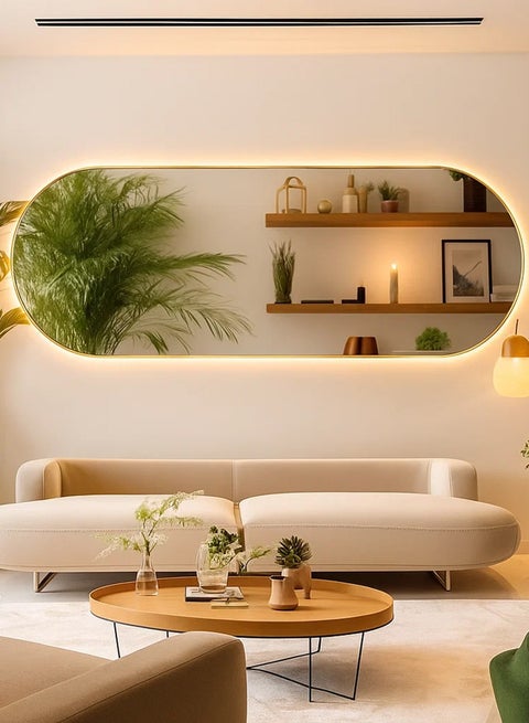 Oval wall mirror, 120 x 60 cm, with a gold frame, LED touch lighting, and adjustable tri-color lighting, suitable for the bathroom, living room, bedroom, and vanity.