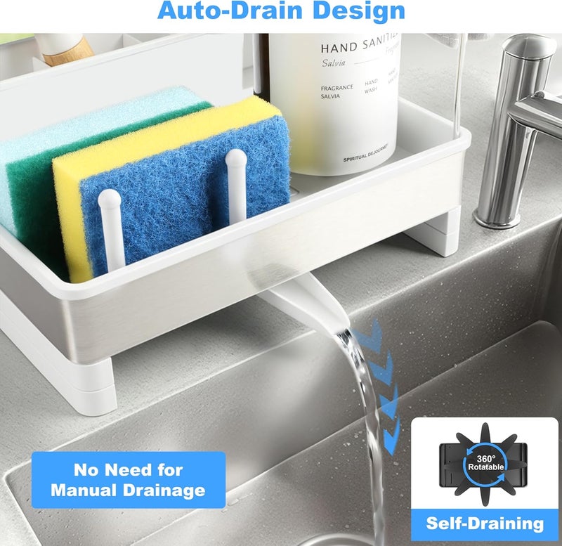 Ouletoy Stainless Steel Sponge Holder for Kitchen Sink Caddy Organizer Rack for Dish Brush Holder, Soap Dispenser and Wash Cloth with Rustproof Auto Drain Tray for Bathroom Countertop Storage (White) - Image 3